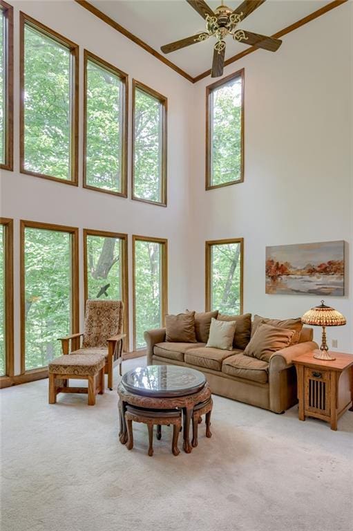 5317 NW Bluff Way, Parkville, MO 64152 - carpeted living area with a ceiling fan, a high ceiling, and crown molding