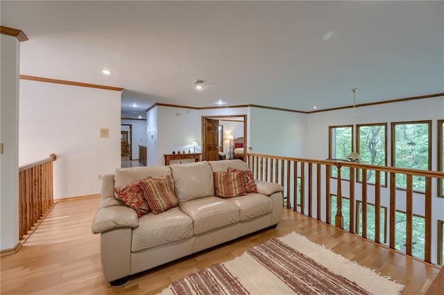5317 NW Bluff Way, Parkville, MO 64152 - living area with crown molding, a ceiling fan, recessed lighting, light wood finished floors, and baseboards
