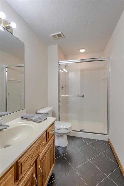 5317 NW Bluff Way, Parkville, MO 64152 - bathroom with vanity, tile patterned floors, a shower stall, toilet, and a textured ceiling