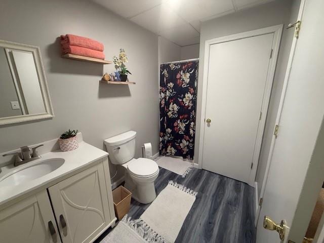 5604 Pleasant Ave, Saint Joseph, MO 64503 - full bath featuring vanity, toilet, wood finished floors, and a shower with shower curtain