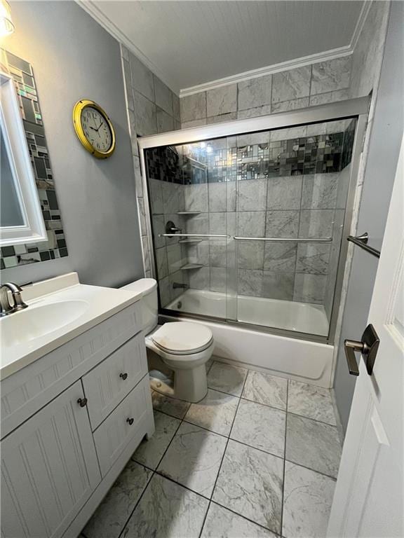 1 N Vine View St, Platte City, MO 64079 - bathroom featuring ornamental molding, toilet, marble finish floors, vanity, and enclosed tub / shower combo