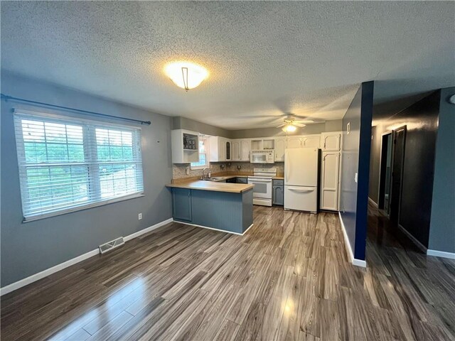 1 N Vine View St, Platte City, MO 64079 - kitchen with white appliances, a sink, a peninsula, a textured ceiling, and white cabinets