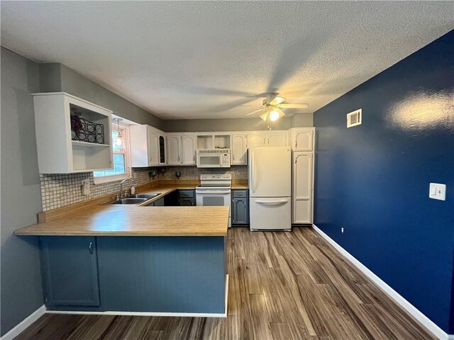 1 N Vine View St, Platte City, MO 64079 - kitchen featuring white appliances, a sink, a peninsula, baseboards, and wood finished floors