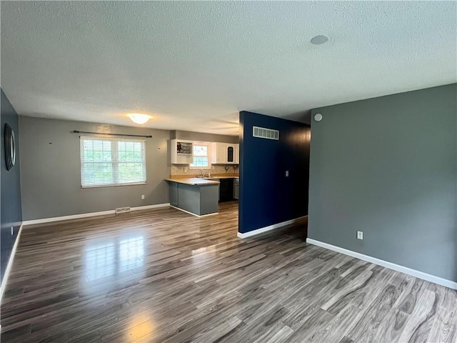 1 N Vine View St, Platte City, MO 64079 - unfurnished living room featuring a textured ceiling, dark wood finished floors, baseboards, and a sink