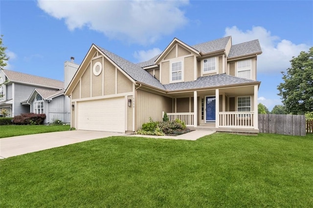 15050 W 145th St, Olathe, KS 66062 - view of front facade with covered porch, an attached garage, concrete driveway, roof with shingles, and a chimney