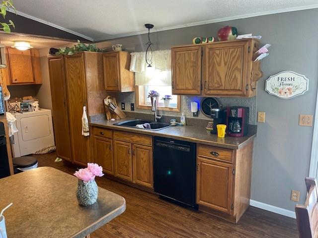 4691 New Hampshire Rd, Bronson, KS 66716 - kitchen featuring dishwasher, a sink, brown cabinets, ornamental molding, and lofted ceiling