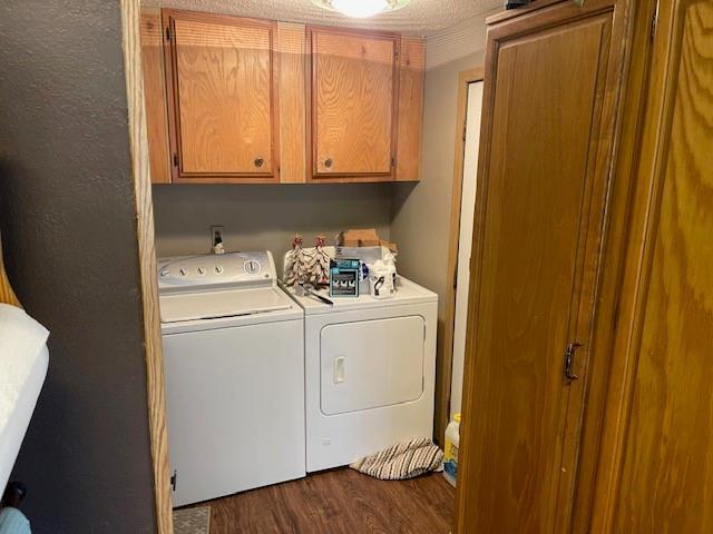 4691 New Hampshire Rd, Bronson, KS 66716 - laundry area featuring independent washer and dryer, dark wood-type flooring, and cabinet space
