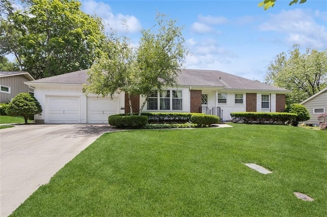 5407 W 64th Ter, Prairie Village, KS 66208 - ranch-style house featuring an attached garage, concrete driveway, a front yard, and brick siding