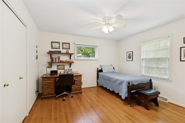 5407 W 64th Ter, Prairie Village, KS 66208 - bedroom with light wood finished floors, ceiling fan, an office area, and a closet