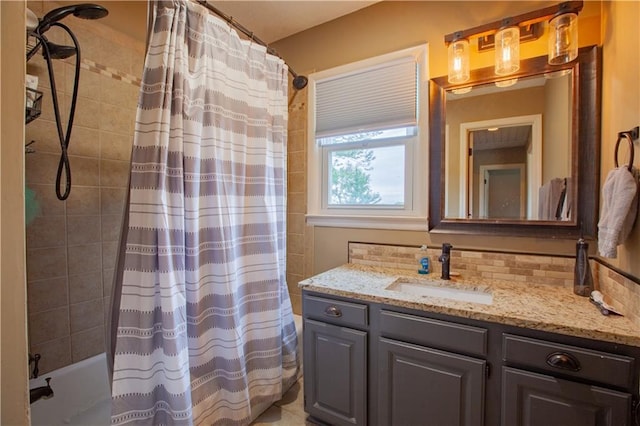 7610 NE Bacon Rd, Cameron, MO 64429 - bathroom with vanity, shower / tub combo with curtain, and decorative backsplash