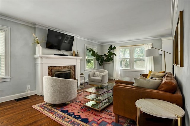 35 W 70th St, Kansas City, MO 64113 - living room featuring crown molding, wood finished floors, and a high end fireplace