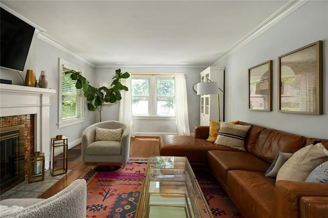 35 W 70th St, Kansas City, MO 64113 - living room with crown molding, a premium fireplace, and wood finished floors