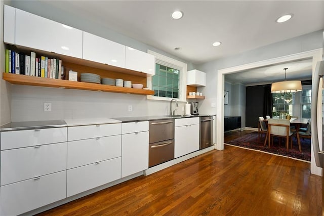 35 W 70th St, Kansas City, MO 64113 - kitchen featuring open shelves, dark wood finished floors, white cabinets, dishwasher, and recessed lighting