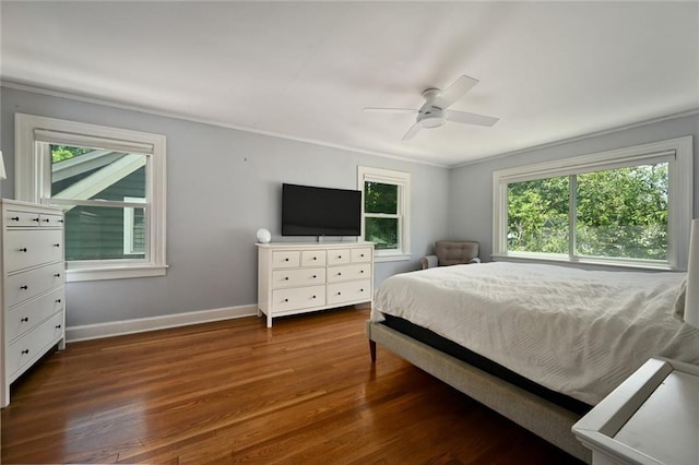 35 W 70th St, Kansas City, MO 64113 - bedroom with multiple windows, wood finished floors, ornamental molding, and a ceiling fan
