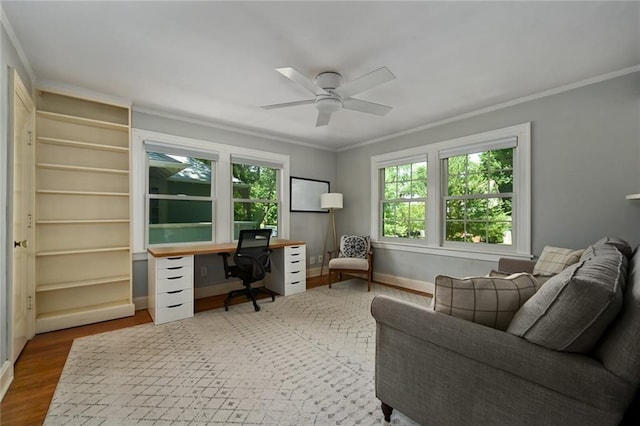 35 W 70th St, Kansas City, MO 64113 - office space featuring ornamental molding, a ceiling fan, and wood finished floors