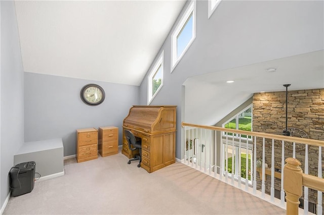 15417 Poplar St, Basehor, KS 66007 - carpeted office space with healthy amount of natural light, baseboards, high vaulted ceiling, and a ceiling fan