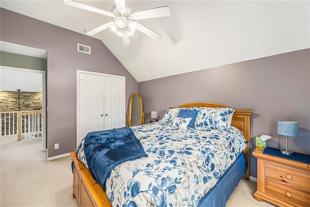 15417 Poplar St, Basehor, KS 66007 - bedroom featuring light colored carpet, lofted ceiling, a closet, a ceiling fan, and baseboards