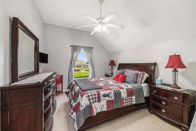 15417 Poplar St, Basehor, KS 66007 - bedroom featuring light carpet, lofted ceiling, and a ceiling fan