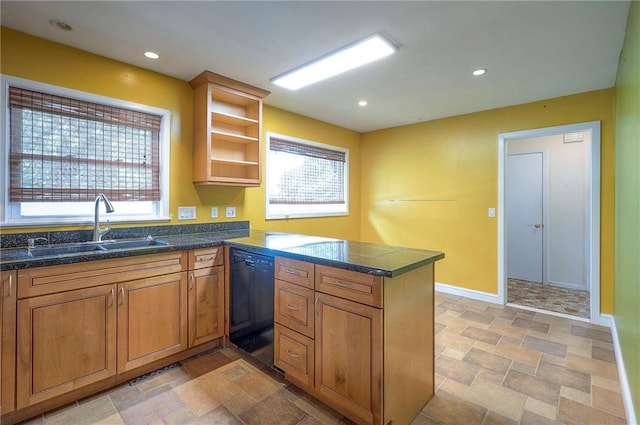 8811 W 66th Ter, Mission, KS 66202 - kitchen featuring black dishwasher, a sink, a peninsula, baseboards, and light stone finish floors