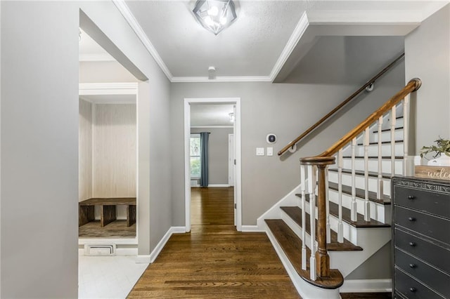 10100 E Sheley Rd, Independence, MO 64052 - stairs with wood finished floors, ornamental molding, and baseboards