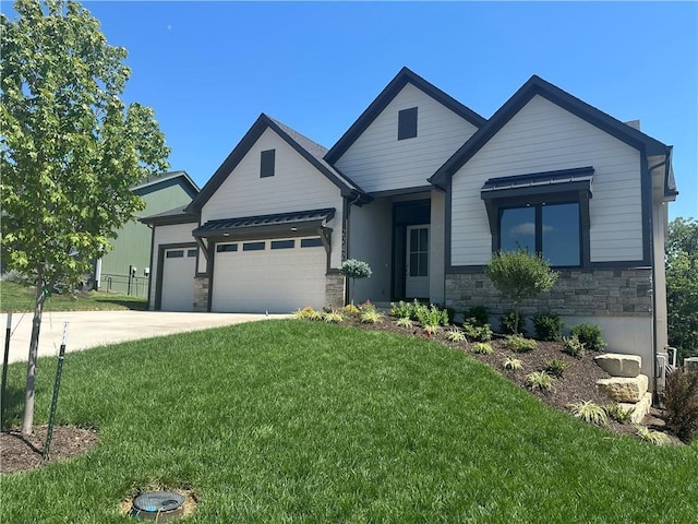 22428 W 90th Ter, Lenexa, KS 66227 - view of front of home featuring stone siding, an attached garage, a front lawn, and driveway