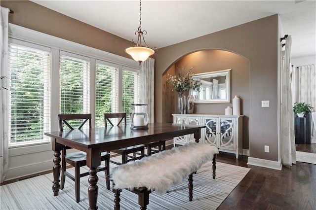 24901 W 91st Pl, Lenexa, KS 66227 - dining space with arched walkways, baseboards, plenty of natural light, and wood finished floors