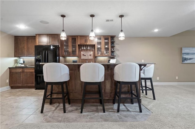 24901 W 91st Pl, Lenexa, KS 66227 - indoor wet bar with black fridge, baseboards, hanging light fixtures, and recessed lighting