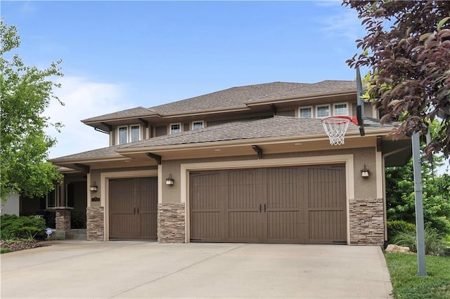 24901 W 91st Pl, Lenexa, KS 66227 - prairie-style home featuring stone siding, driveway, a garage, and stucco siding