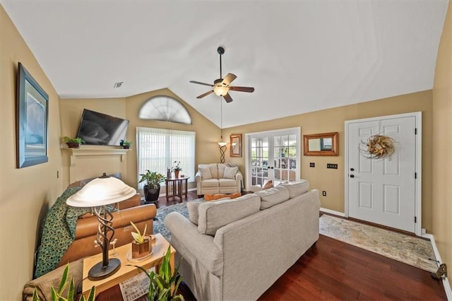 2051 W 139th Ter, Leawood, KS 66224 - living room featuring ceiling fan, vaulted ceiling, and dark wood finished floors