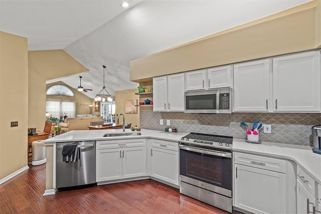 2051 W 139th Ter, Leawood, KS 66224 - kitchen with stainless steel appliances, vaulted ceiling, dark wood-type flooring, light countertops, and backsplash