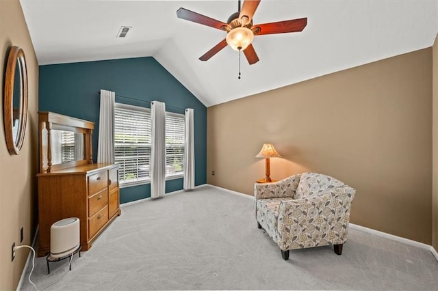 2051 W 139th Ter, Leawood, KS 66224 - living area featuring light colored carpet, ceiling fan, and vaulted ceiling