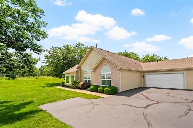 2051 W 139th Ter, Leawood, KS 66224 - ranch-style home with driveway, a front yard, a garage, and brick siding