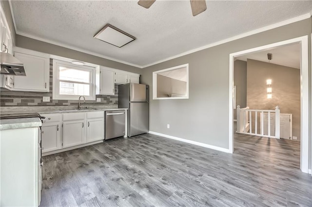 14033 Dornoch St, Grandview, MO 64030 - kitchen featuring appliances with stainless steel finishes, a sink, under cabinet range hood, white cabinetry, and a textured ceiling