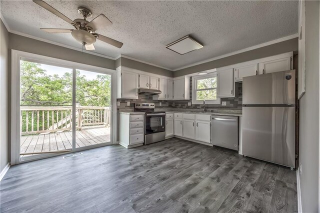 14033 Dornoch St, Grandview, MO 64030 - kitchen featuring stainless steel appliances, under cabinet range hood, tasteful backsplash, white cabinetry, and a textured ceiling