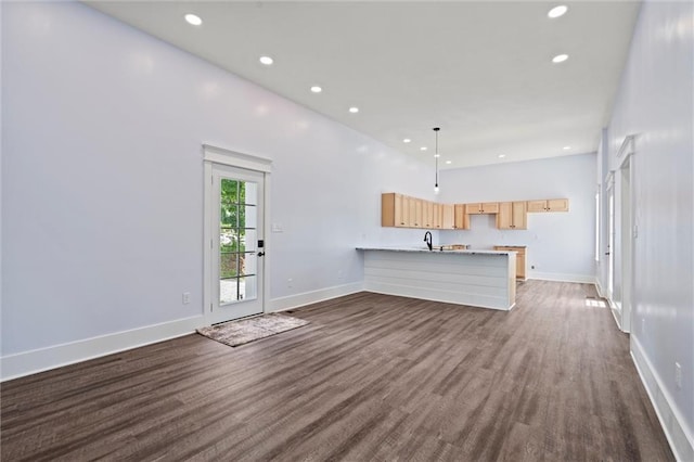 1003 Commercial St, Atchison, KS 66002 - unfurnished living room with dark wood finished floors, baseboards, recessed lighting, and a sink