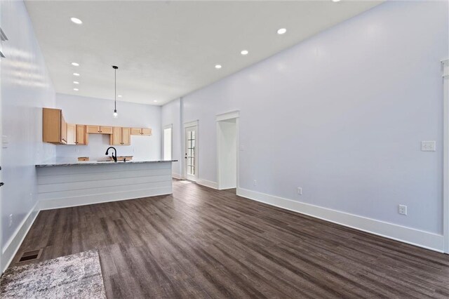 1003 Commercial St, Atchison, KS 66002 - unfurnished living room featuring a sink, dark wood-style flooring, baseboards, and recessed lighting