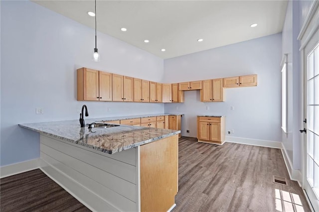 1003 Commercial St, Atchison, KS 66002 - kitchen featuring a sink, baseboards, a peninsula, light stone countertops, and wood finished floors