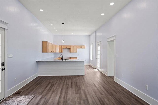 1003 Commercial St, Atchison, KS 66002 - kitchen with a peninsula, dark wood-type flooring, baseboards, recessed lighting, and a sink