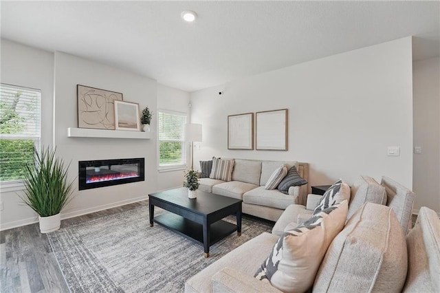 7708 NE 107th Ter, Kansas City, MO 64157 - living room with wood finished floors, a glass covered fireplace, and baseboards