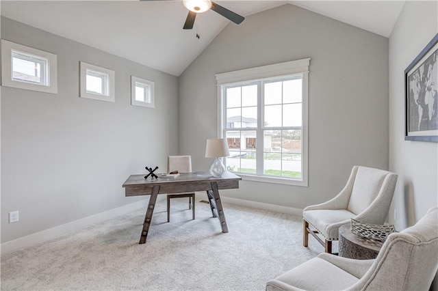 17162 S Hall St, Olathe, KS 66062 - office area with ceiling fan, light carpet, lofted ceiling, and baseboards