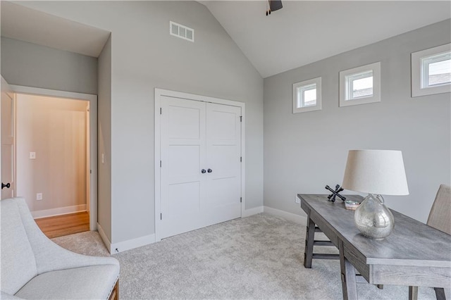 17162 S Hall St, Olathe, KS 66062 - home office featuring plenty of natural light, lofted ceiling, baseboards, and light colored carpet