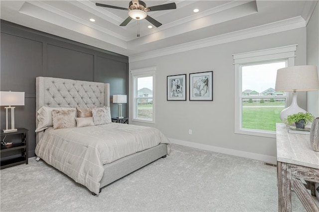 17162 S Hall St, Olathe, KS 66062 - bedroom featuring crown molding, a tray ceiling, light colored carpet, recessed lighting, and baseboards