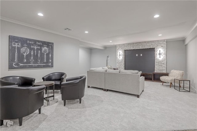 17162 S Hall St, Olathe, KS 66062 - living room featuring carpet flooring, crown molding, and recessed lighting