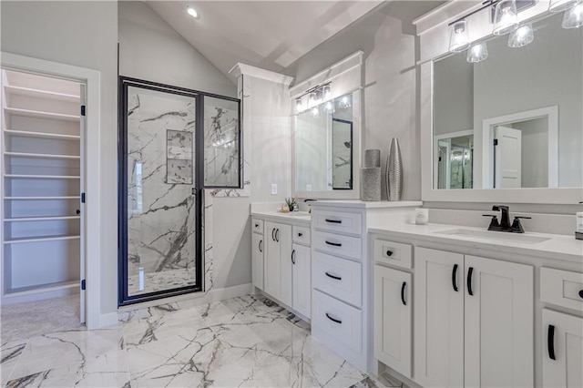 17162 S Hall St, Olathe, KS 66062 - full bath featuring a marble finish shower, double vanity, marble look tile flooring, vaulted ceiling, and baseboards