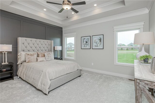 17162 S Hall St, Olathe, KS 66062 - bedroom with ornamental molding, a raised ceiling, light colored carpet, recessed lighting, and a ceiling fan