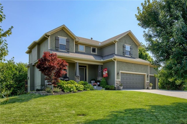 25005 W 85th Ter, Lenexa, KS 66227 - craftsman-style home with an attached garage, a front lawn, driveway, stone siding, and stucco siding