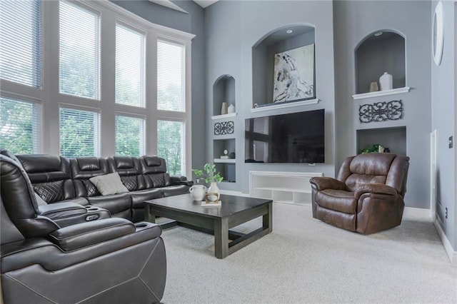 13808 Richards St, Overland Park, KS 66221 - carpeted living area featuring built in features, baseboards, and a towering ceiling