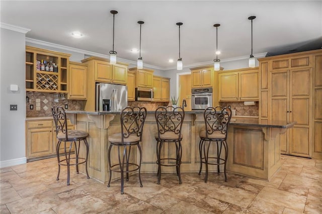 13808 Richards St, Overland Park, KS 66221 - kitchen featuring appliances with stainless steel finishes, decorative backsplash, a breakfast bar area, open shelves, and a large island