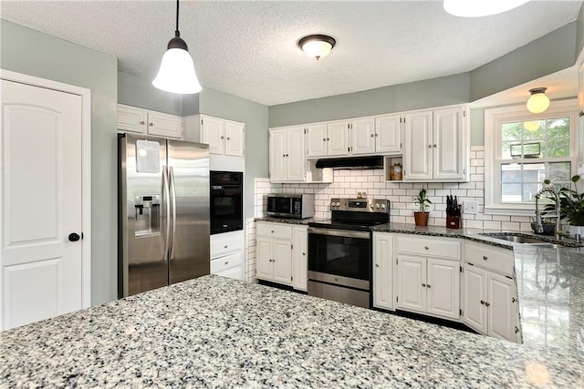 530 Nipper Ln, Leavenworth, KS 66048 - kitchen featuring stainless steel appliances, a sink, under cabinet range hood, light stone counters, and decorative backsplash