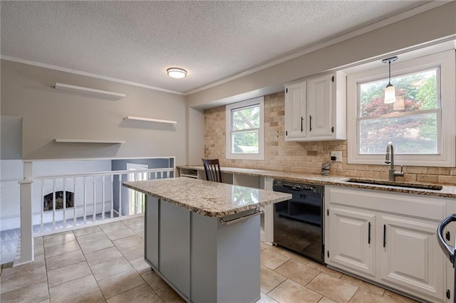 12800 W 100th St, Lenexa, KS 66215 - kitchen with dishwasher, a sink, crown molding, decorative backsplash, and a textured ceiling